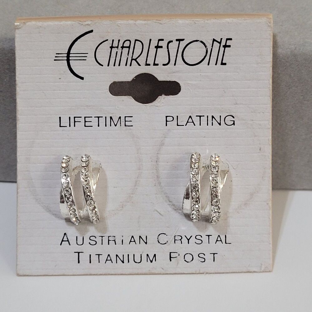 Vintage Charlestone Silver Tone Clear Austrian Crystal Titanium Post Earrings